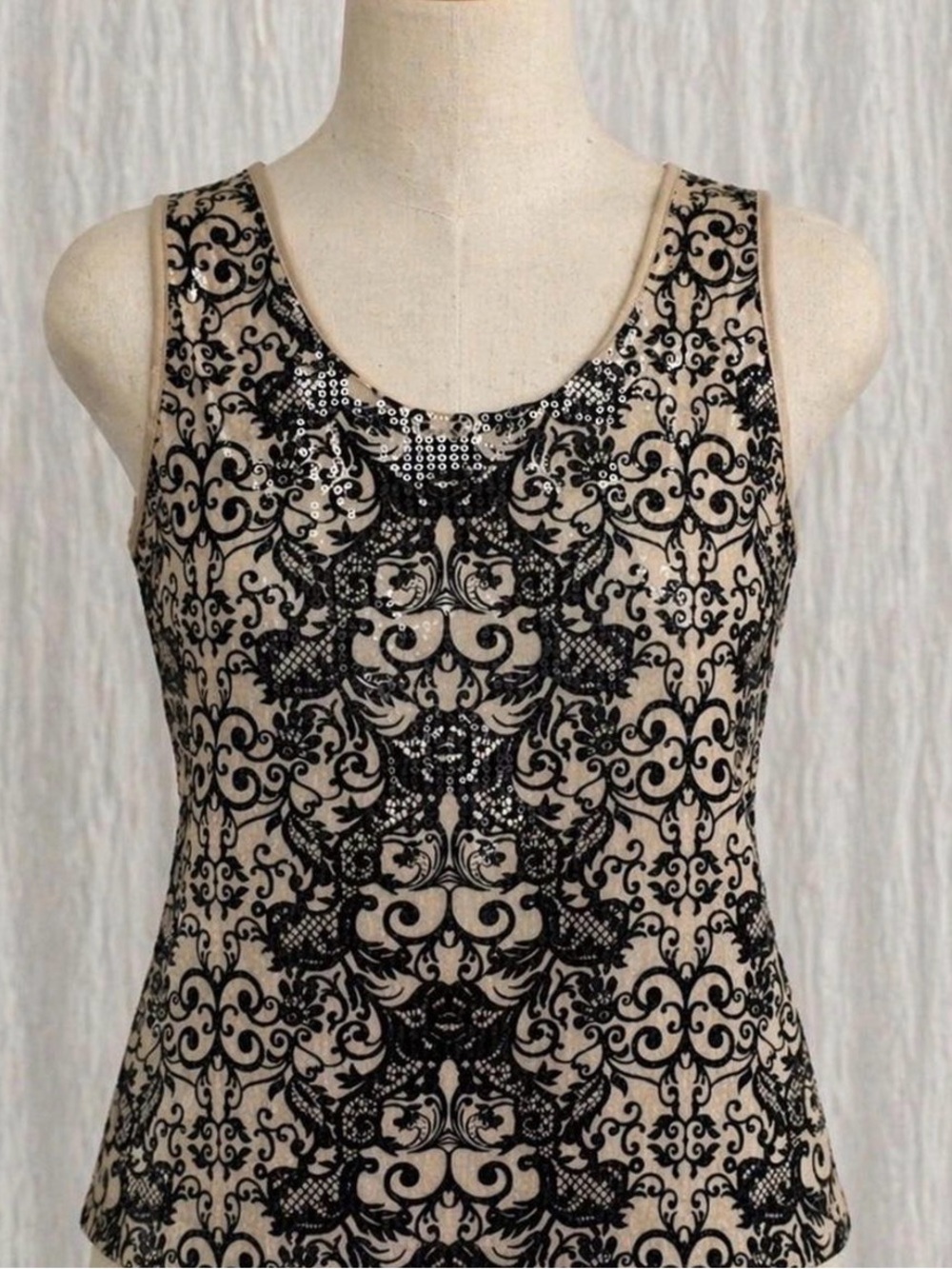 Black and Cream Sequined Patterned Women's Top